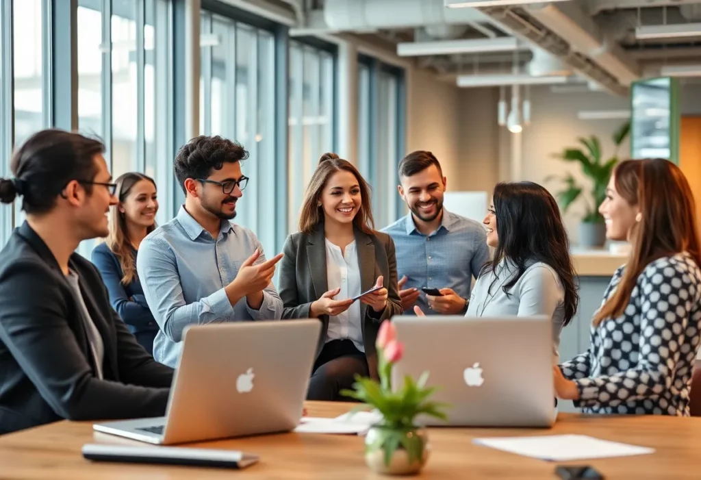 Employees in a modern office collaborating and celebrating workplace culture at Bank of America