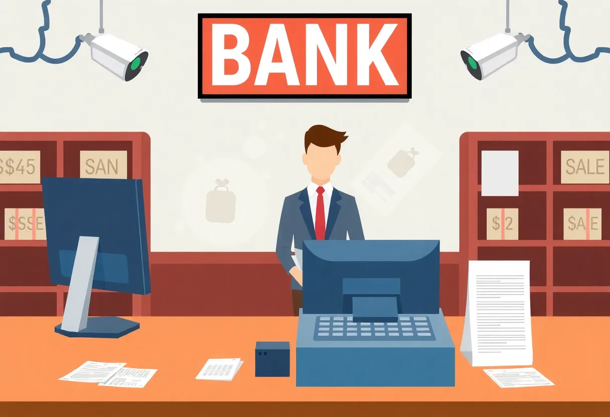 Workspace of a bank teller illustrating embezzlement issues.