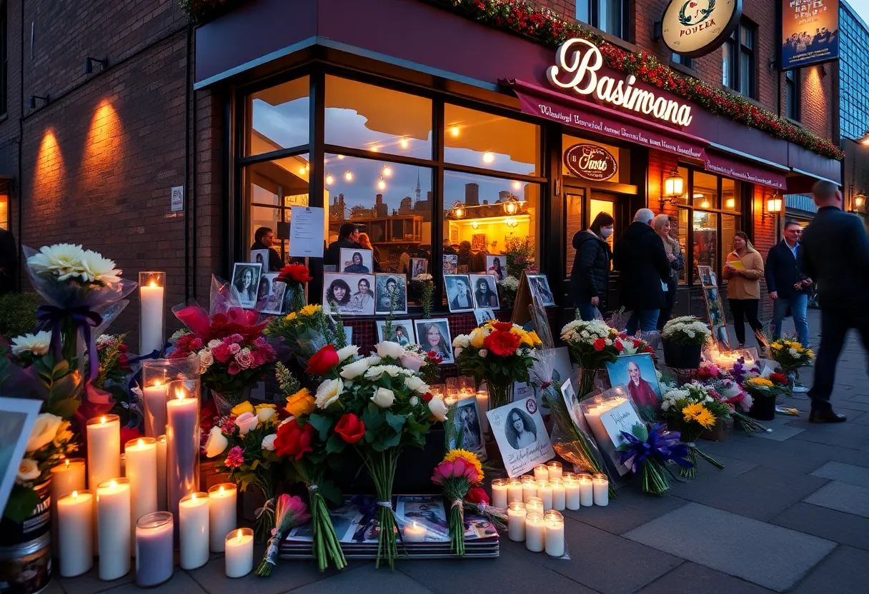 Memorial outside a restaurant with flowers and candles