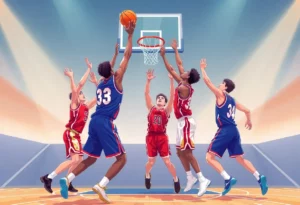 Basketball players from the Bulls and Hornets competing for a rebound.