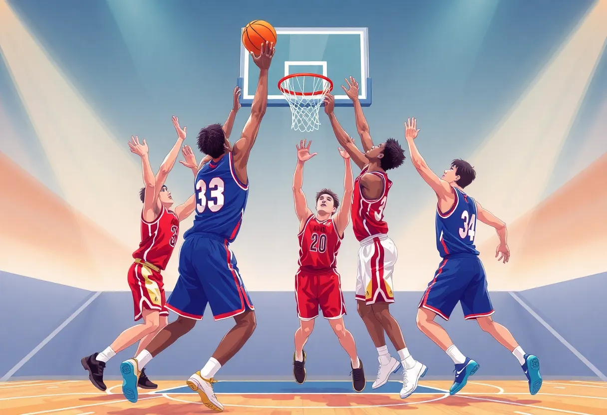 Basketball players from the Bulls and Hornets competing for a rebound.