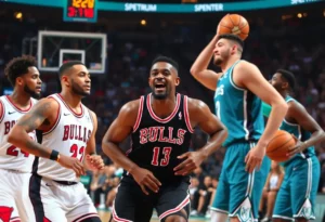 Players from the Chicago Bulls and Charlotte Hornets competing in a basketball game at Spectrum Center.