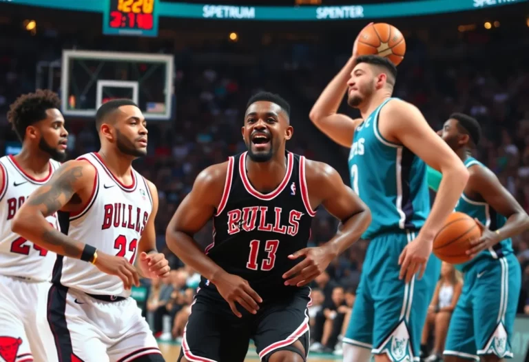 Players from the Chicago Bulls and Charlotte Hornets competing in a basketball game at Spectrum Center.