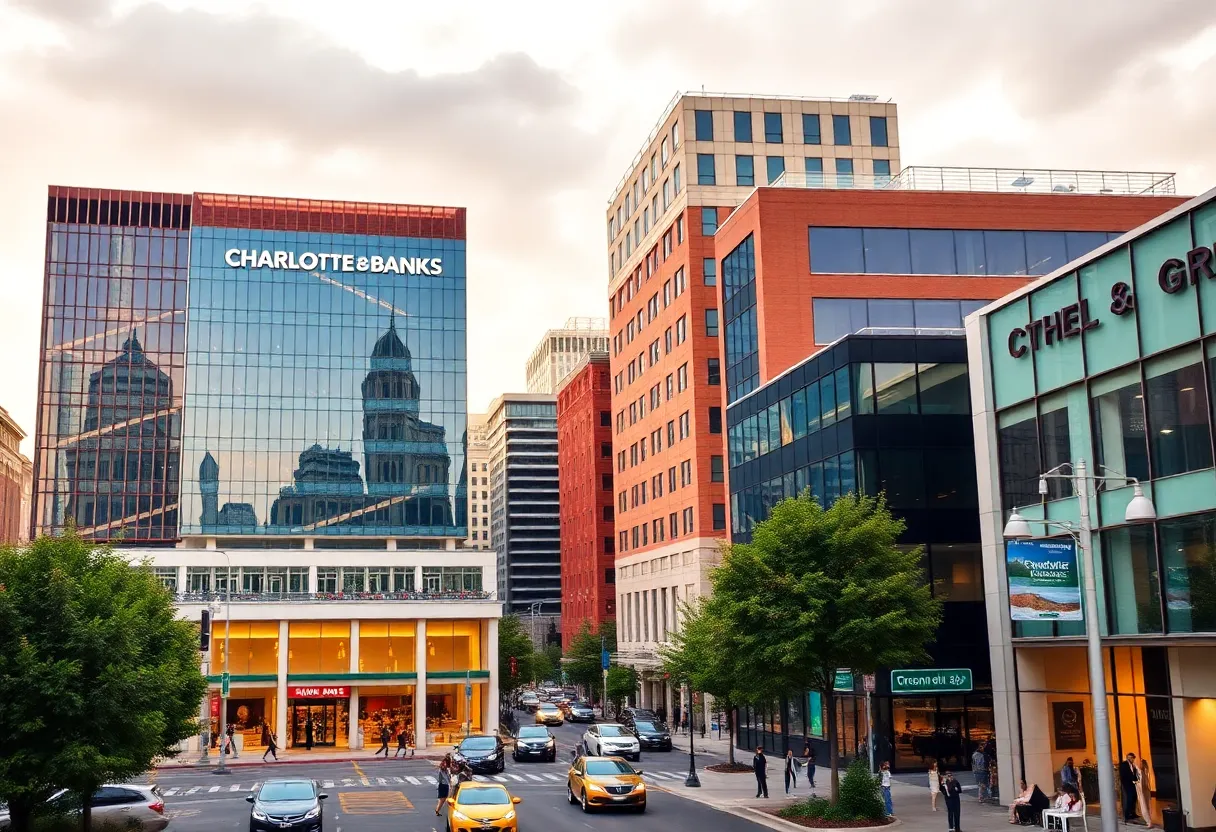 Cityscape representing economic growth in Carolina with modern bank buildings
