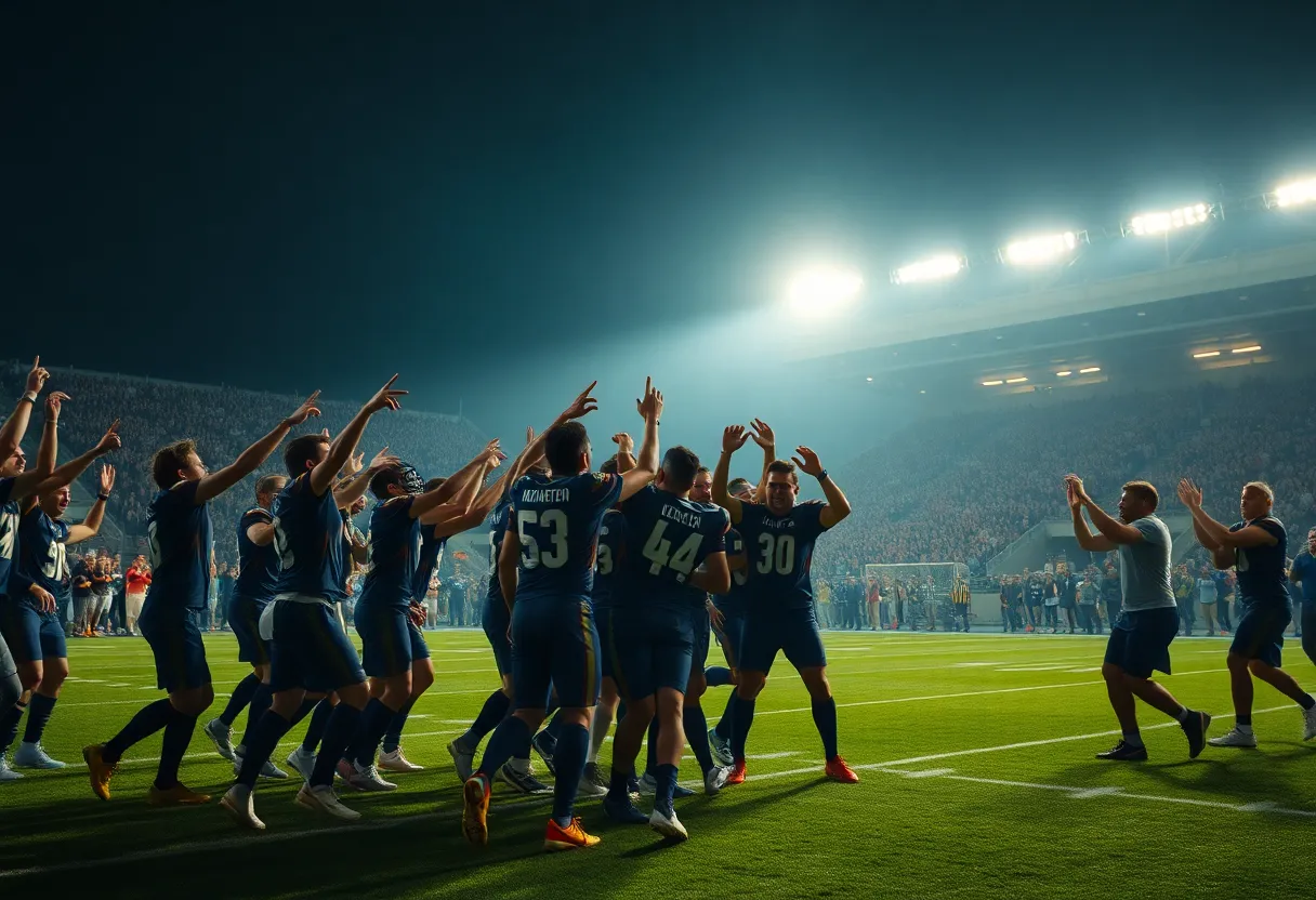 Carolina Panthers players celebrating a victory on the football field.