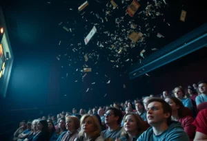Partial ceiling collapse in a movie theater during screening