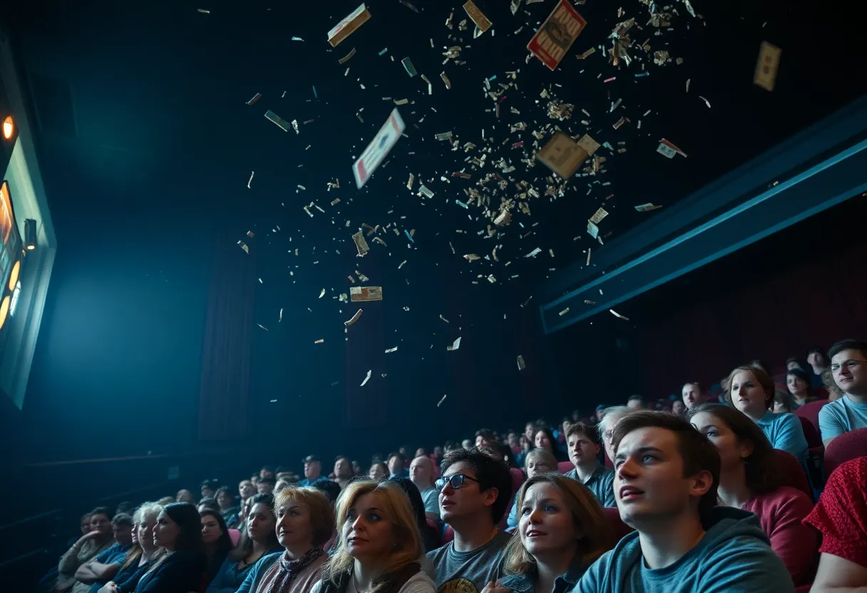 Partial ceiling collapse in a movie theater during screening