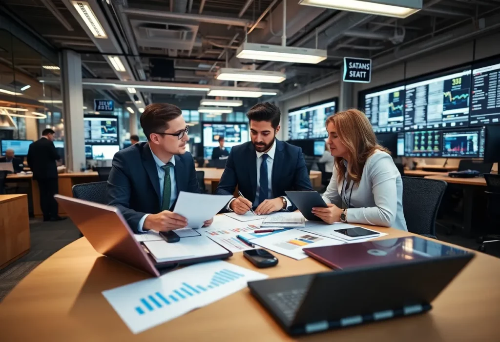 Office environment with analysts discussing bond offerings and financial reports.