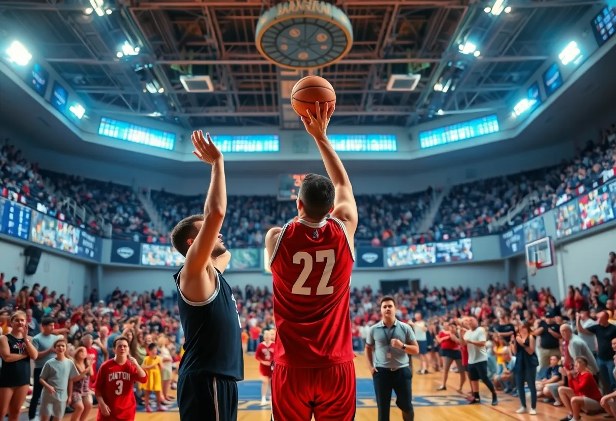 A basketball player making a three-point shot surrounded by cheering fans.