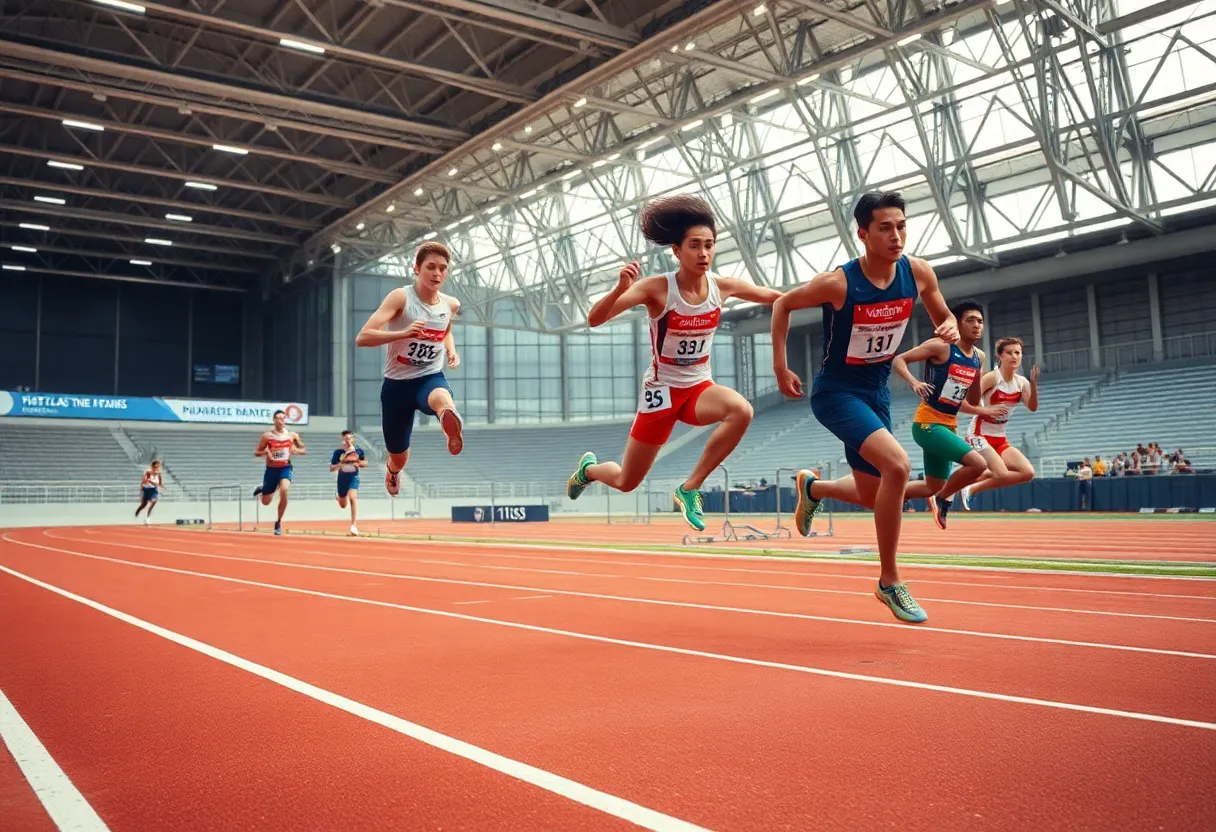 Athletes from Charlotte 49ers competing on an indoor track.