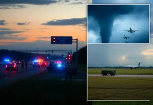 Emergency responders managing a traffic accident scene in Charlotte and tornado damage at Dover Air Force Base