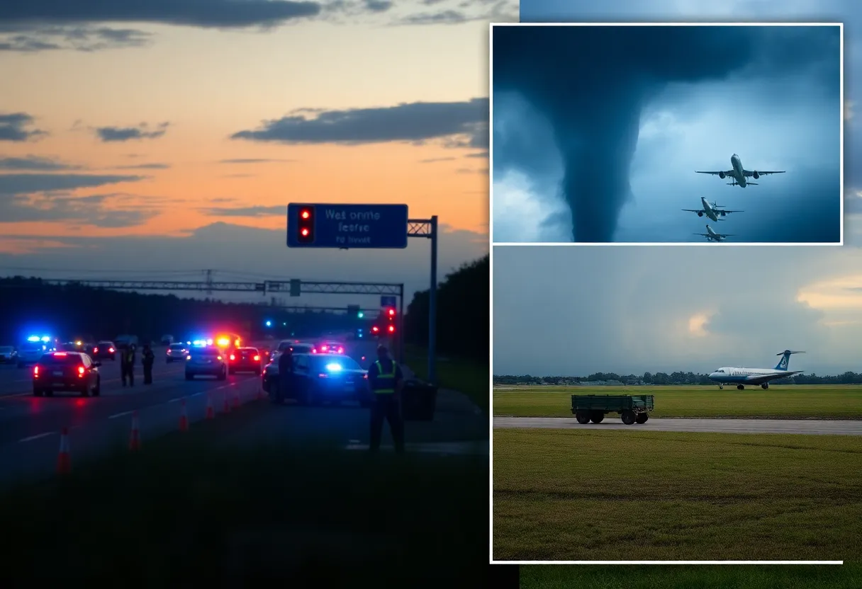 Emergency responders managing a traffic accident scene in Charlotte and tornado damage at Dover Air Force Base