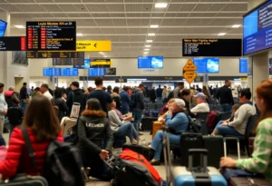 Travelers at Charlotte Douglas International Airport amidst holiday delays.