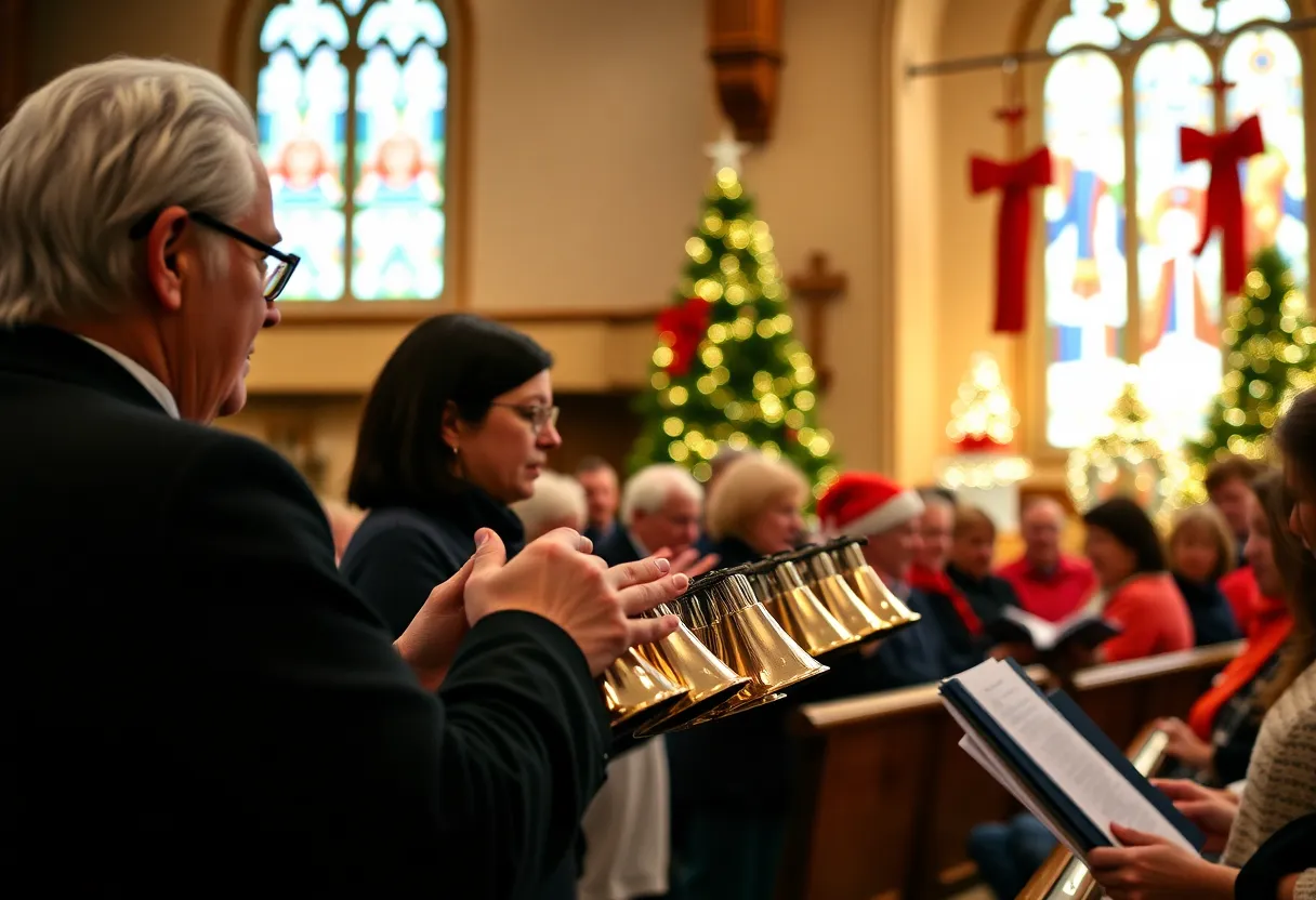 Charlotte Bronze Handbell Ensemble performing at a holiday concert in Marion