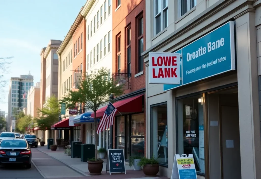 View of a busy business district in Charlotte with banks and local shops.