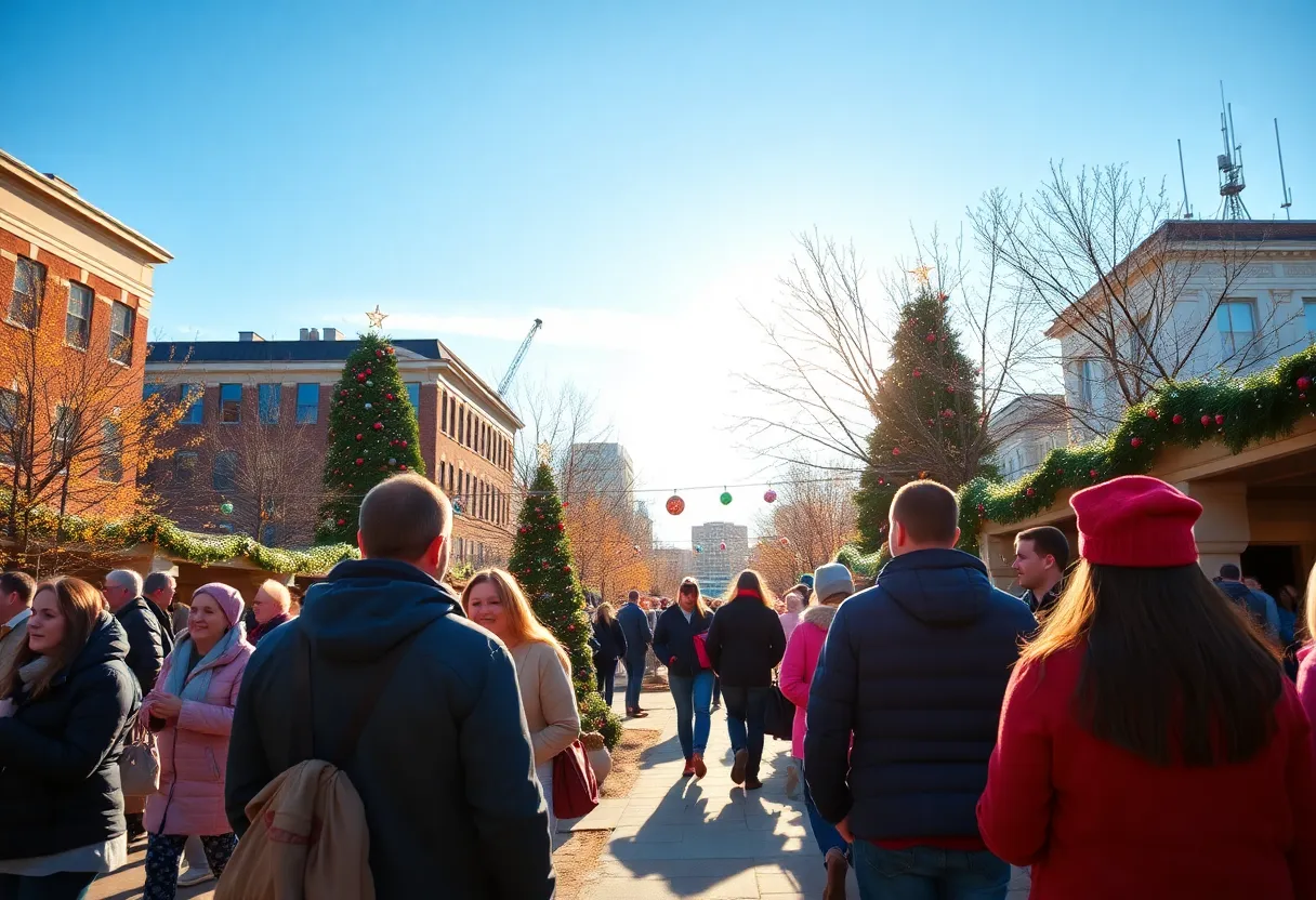 People celebrating Christmas outdoors in the warm weather of Charlotte Metro area