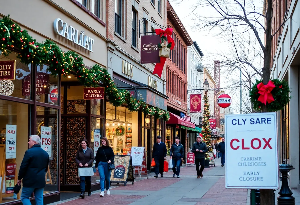 People shopping in Charlotte on Christmas Eve with festive decorations.