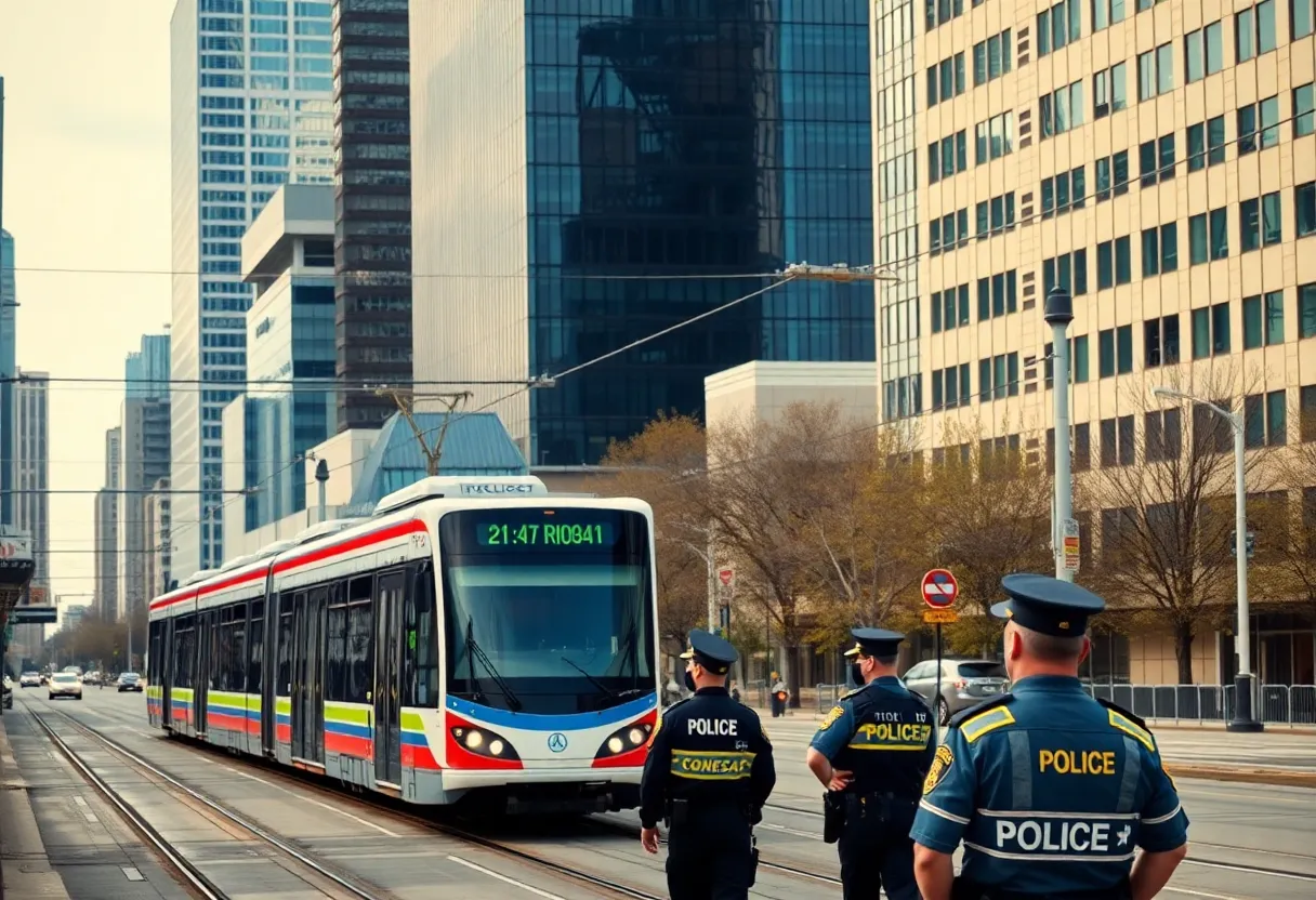 Cityscape of Charlotte showing light rail and police presence.