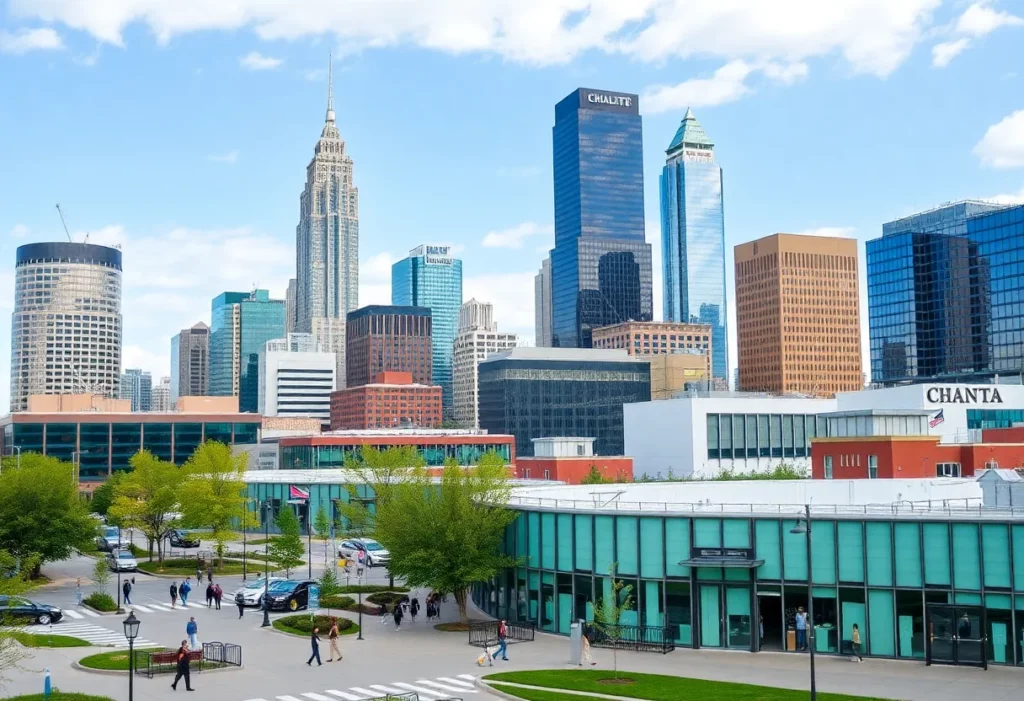 A bustling cityscape of Charlotte, North Carolina highlighting economic growth
