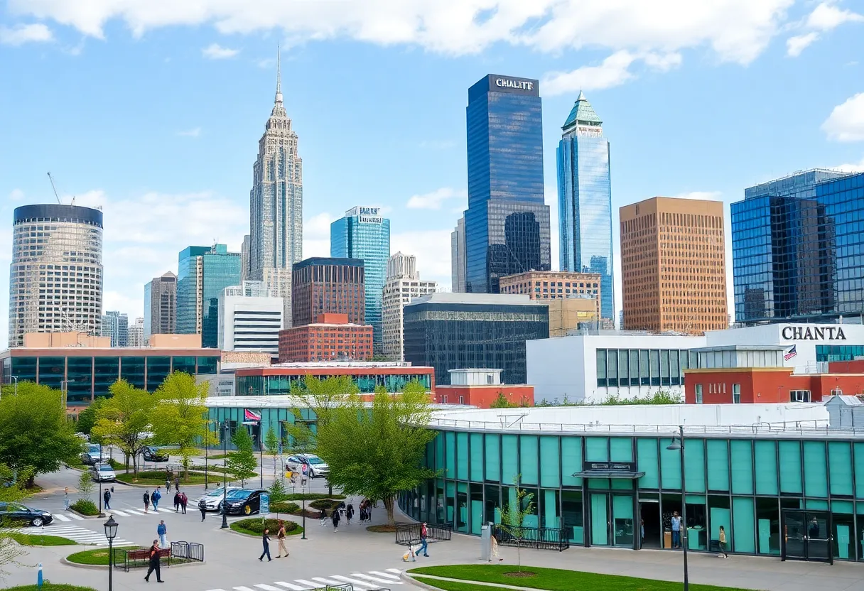 A bustling cityscape of Charlotte, North Carolina highlighting economic growth