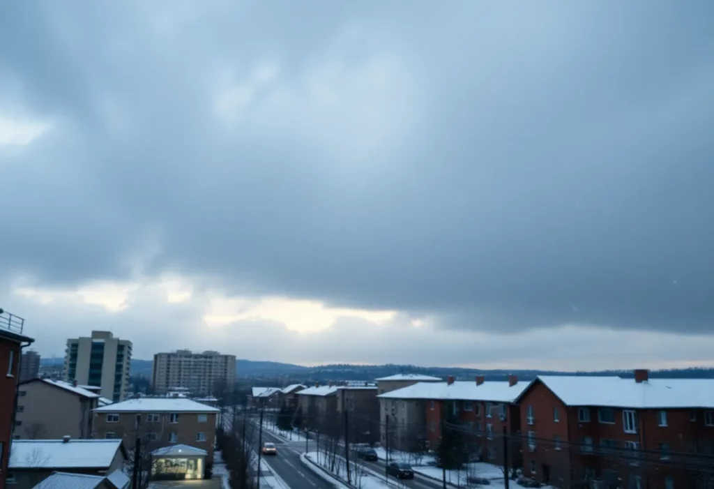 A winter scene of Charlotte with dark clouds and snow, illustrating an approaching cold front.