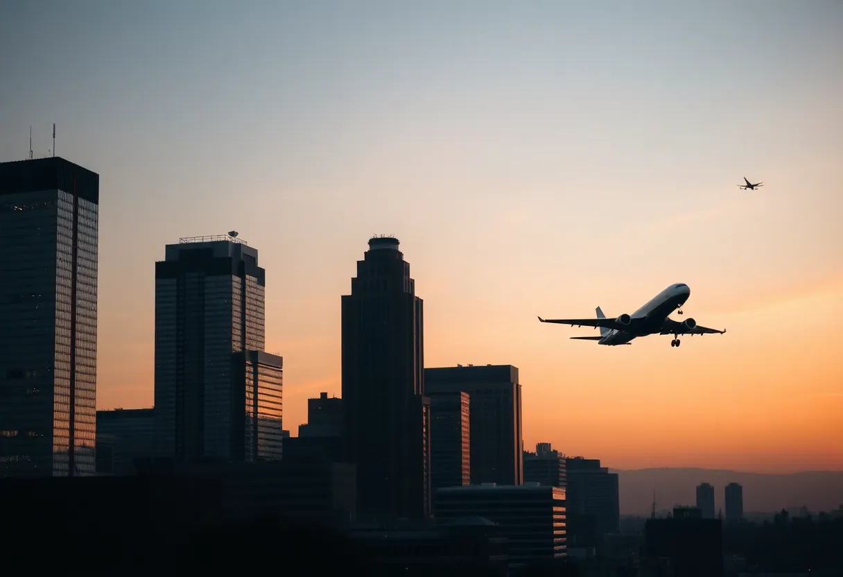 Reflective cityscape of Charlotte, NC depicting scenes of a fire and a plane indicating recent tragic events.