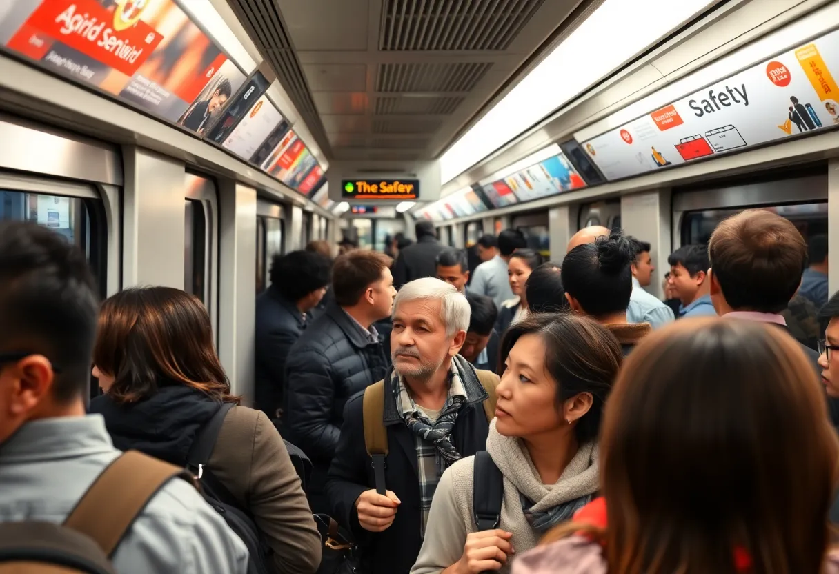 Charlotte commuter train with passengers observing safety measures.