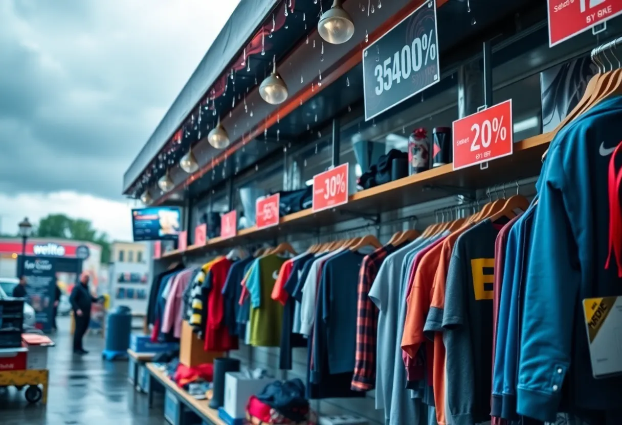 Online shopping scene during Cyber Week in Charlotte with a rainy backdrop.