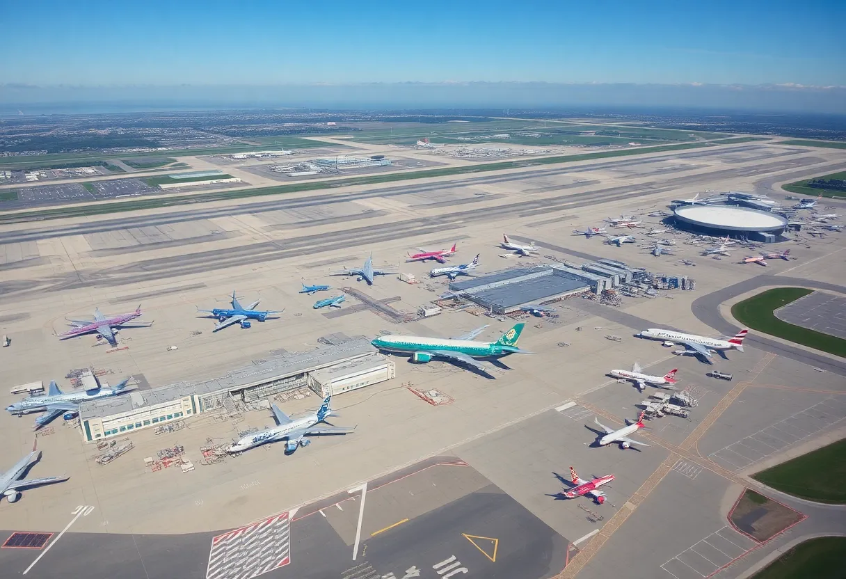 Aerial view of Charlotte Douglas International Airport showing terminals and unused equipment.