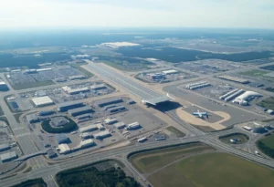 Aerial view of Charlotte Douglas International Airport showcasing rezoning area and transportation links.