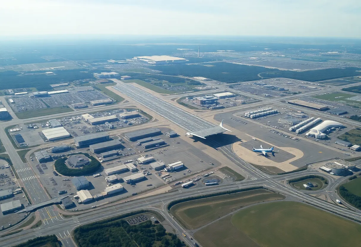 Aerial view of Charlotte Douglas International Airport showcasing rezoning area and transportation links.