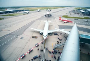 Aerial view of Charlotte Douglas International Airport with planes and terminals.