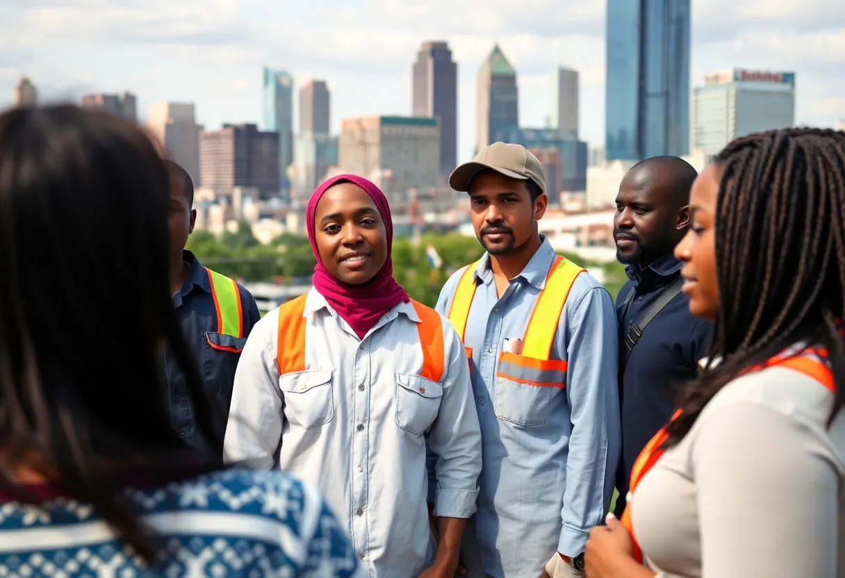 Diverse group of workers in Charlotte discussing employment amidst policy changes.