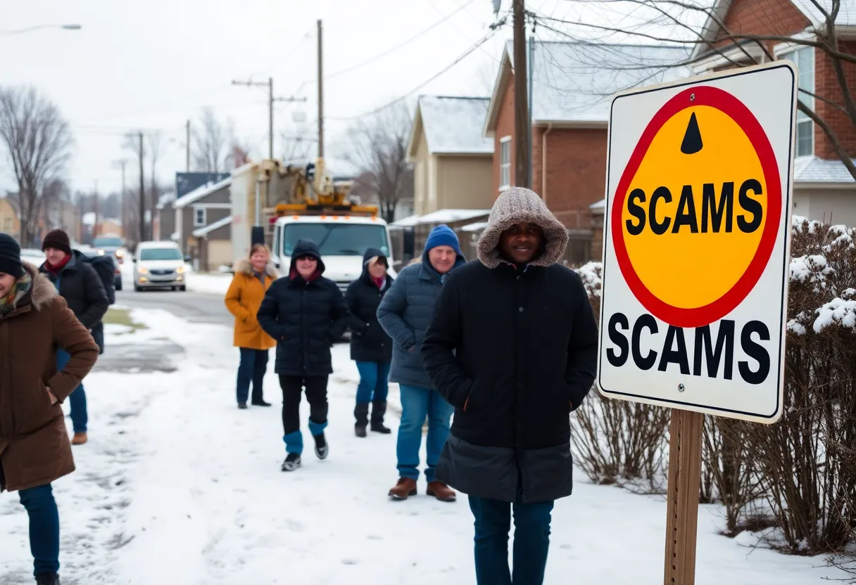 A warning sign about energy scams in a winter neighborhood in Charlotte, NC