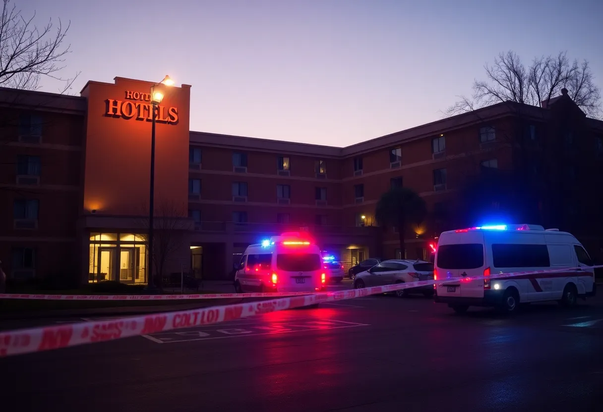 Police presence outside Days Inn after fatal stabbing incident.