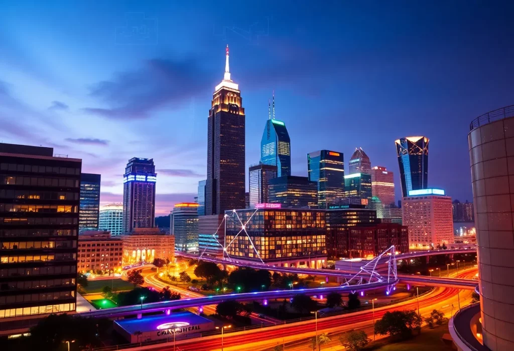 A view of the Charlotte skyline with financial technology representations.