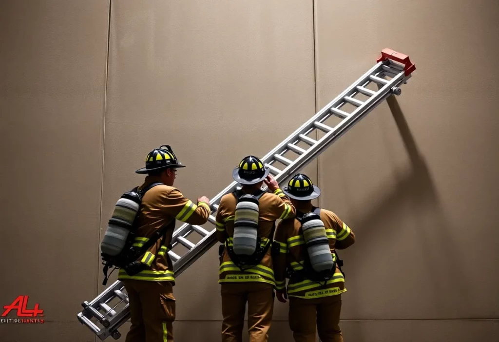 Firefighters practicing with a historic pompier ladder during training.