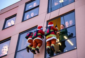 Charlotte firefighters rappelling down Levine Children's Hospital in festive costumes