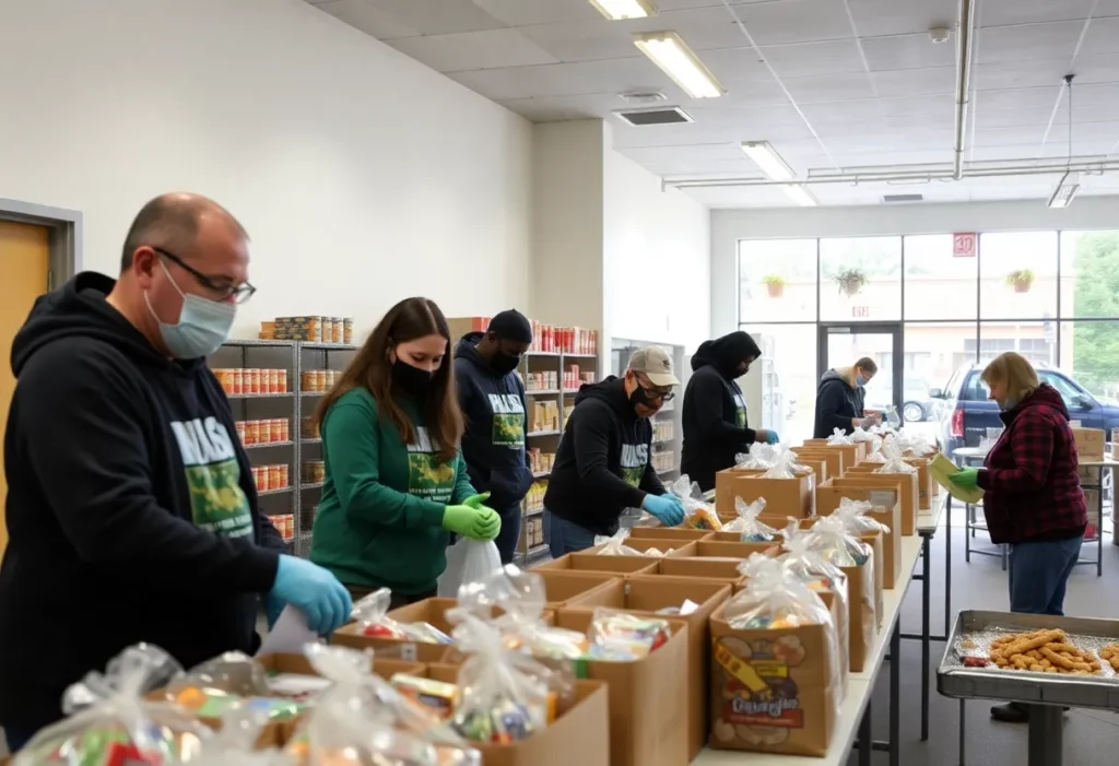 Volunteers at Charlotte food pantry on Central Avenue sorting food donations.