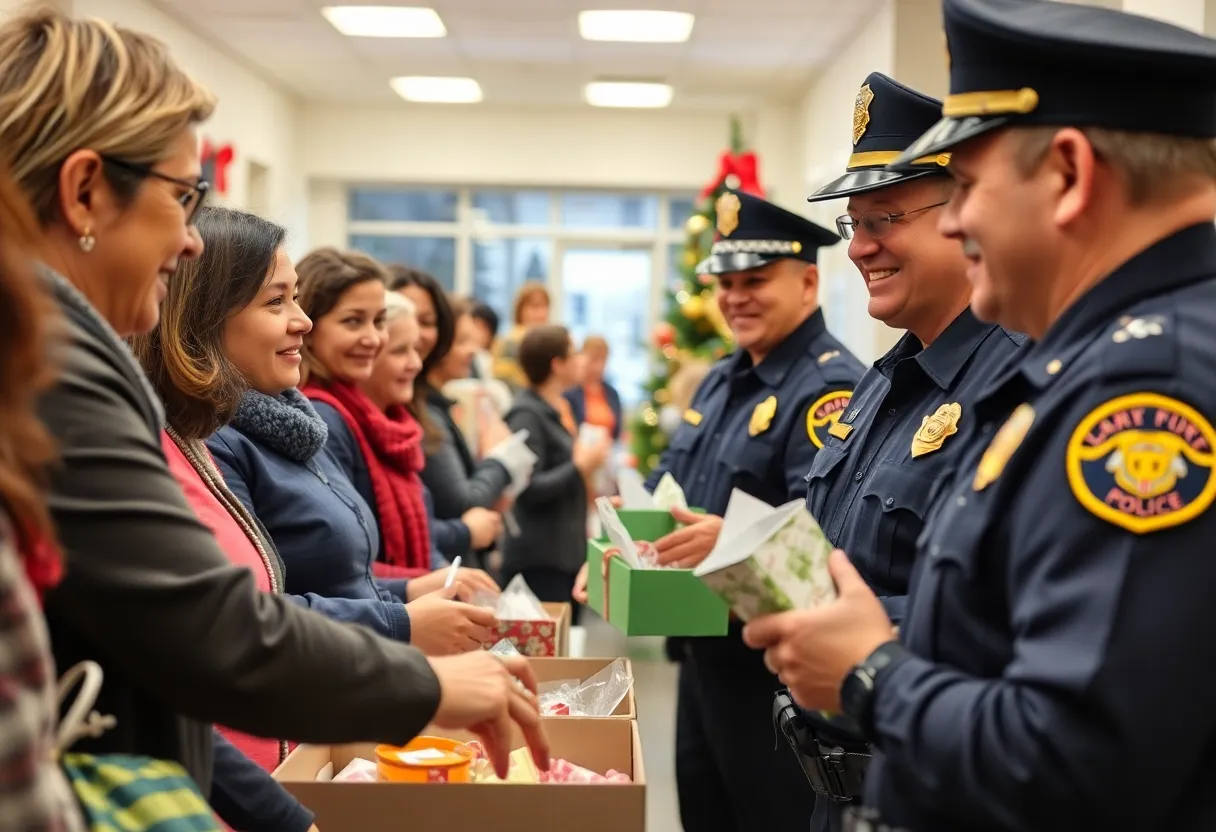 Community members and officers during a holiday charity event in Charlotte