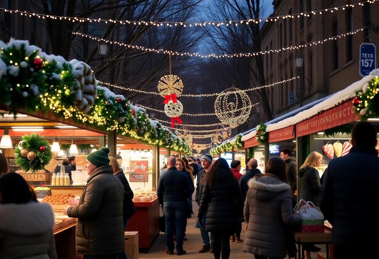 Scene from a holiday market in Charlotte with vendors and decorations