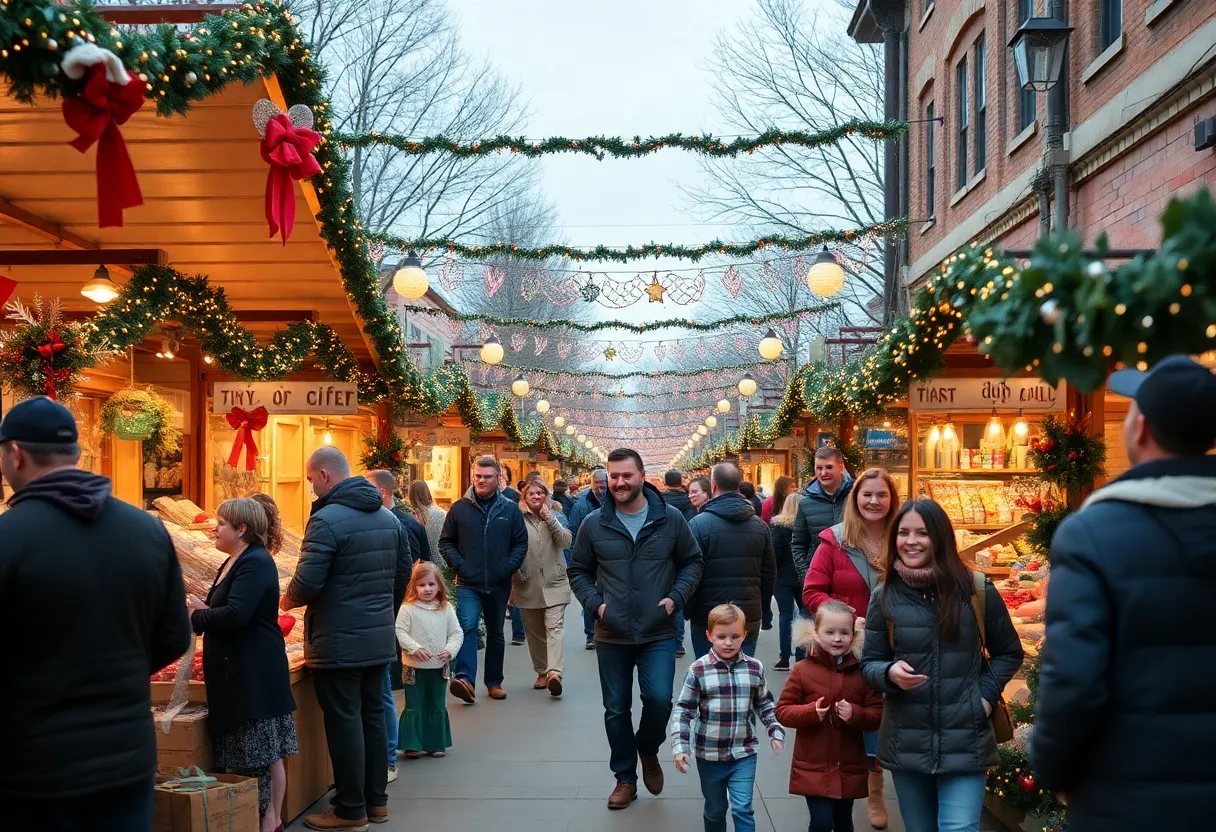 Holiday market in Charlotte with festive decorations and vendors.