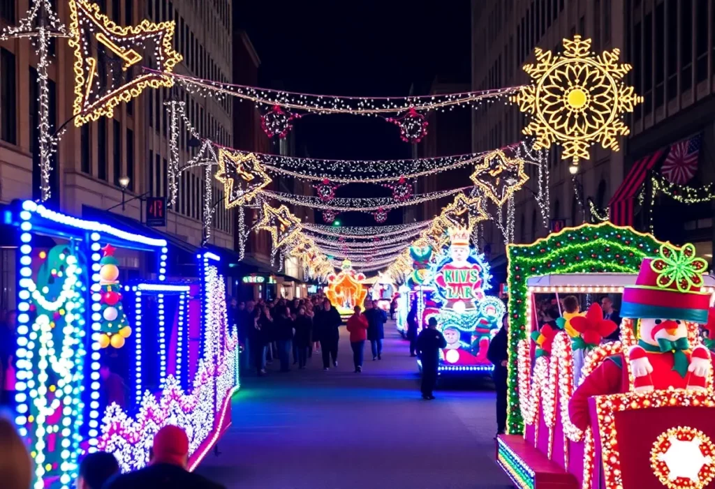 Charlotte holiday parade with festive floats and lights