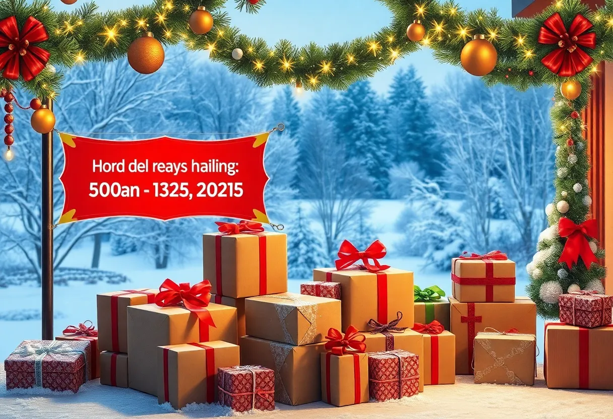 Packages being prepared for holiday shipping in a winter setting