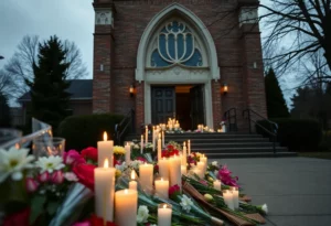 Community memorial for local homecoming queen in front of St. John's Church