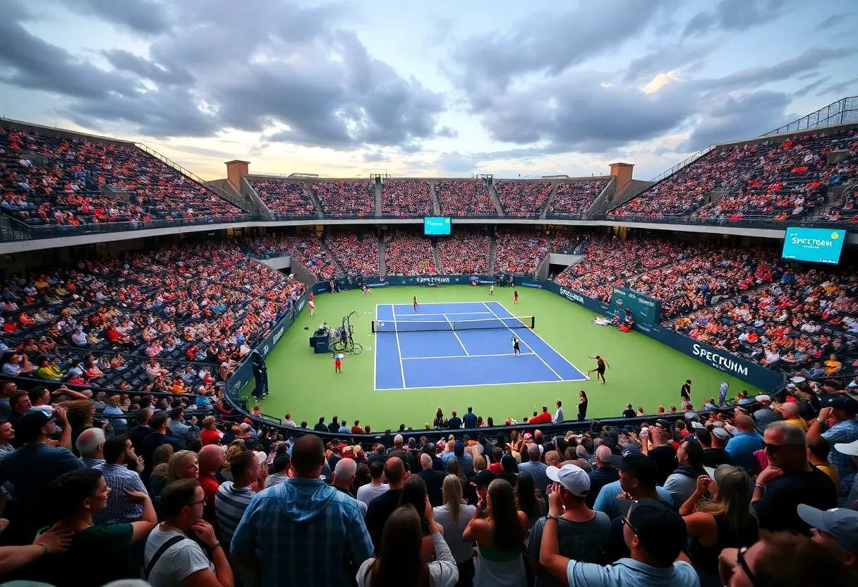 Tennis players competing at the Charlotte Invitational in the Spectrum Center.