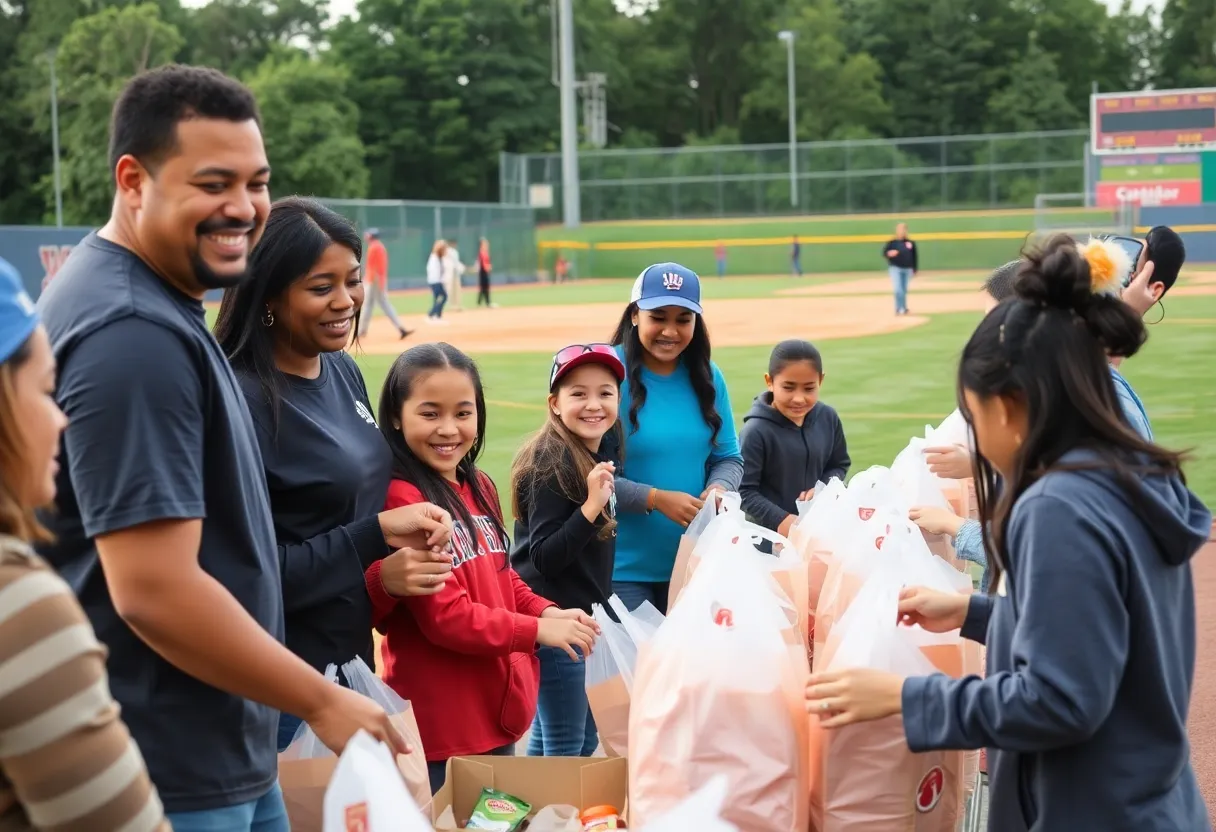 Volunteers preparing food bags for children in need