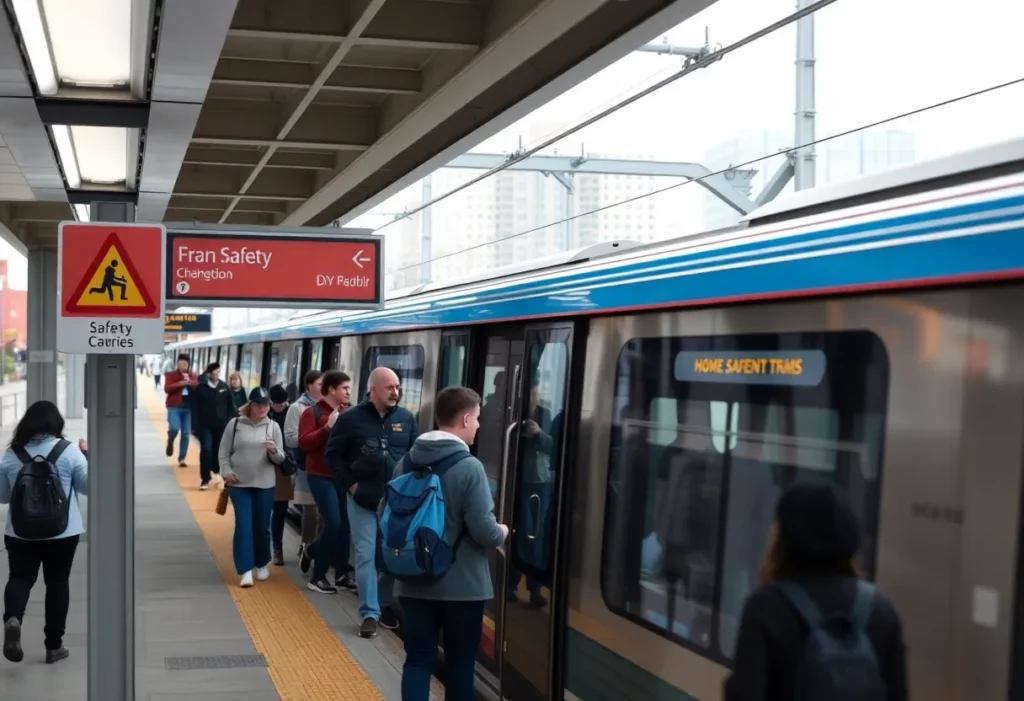 A busy Charlotte light rail station promoting safety measures.