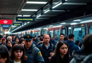 Passengers at a light rail station showing concern.
