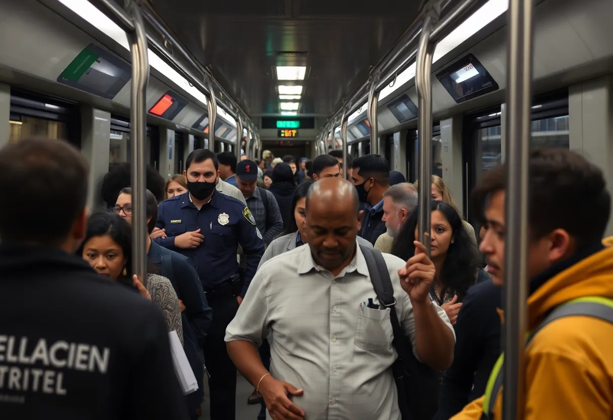 Passengers on a Charlotte light rail train showing concern after recent incidents.